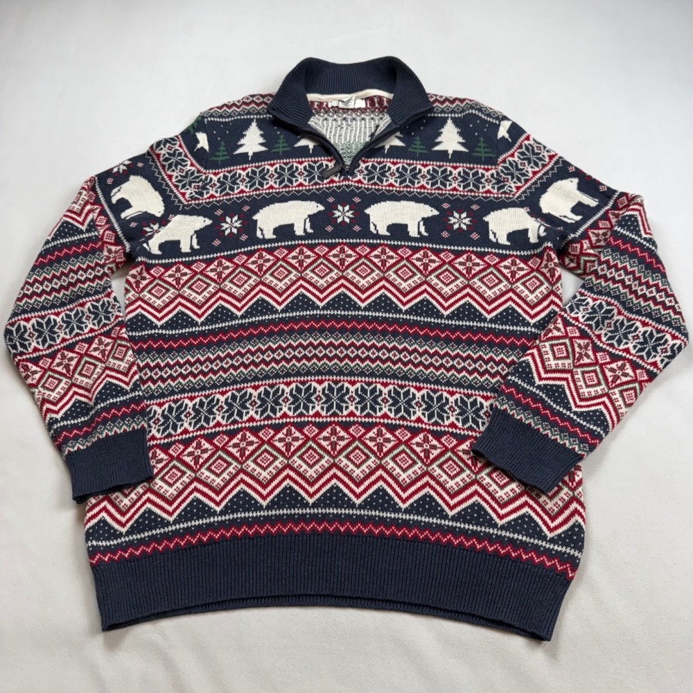 Aspen Mens XL Polar Bear Fair Isle Quarter Zip Cotton Sweater Navy Red White